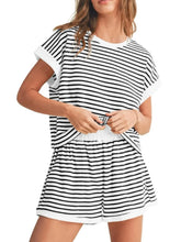 Full Size Contrast Striped T-Shirt and Shorts Set Plus Size Black Stripes On White Background / S