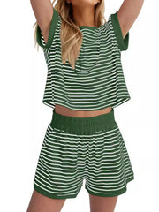 Full Size Contrast Striped T-Shirt and Shorts Set Plus Size White Bars On Green Background / S