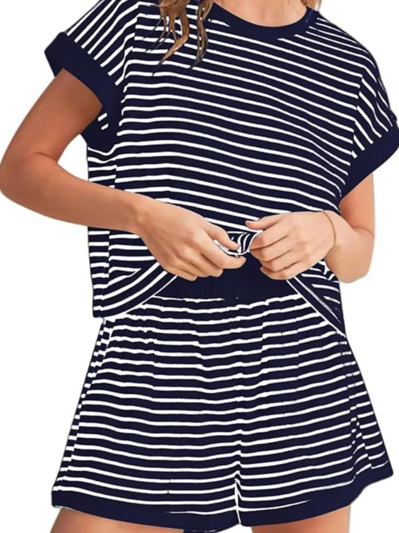 Full Size Contrast Striped T-Shirt and Shorts Set Plus Size White Stripes On Blue Background / S