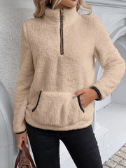 Full Size Cozy Fleece Quarter Zip Long Sleeve Sweatshirt Plus Size Khaki / S