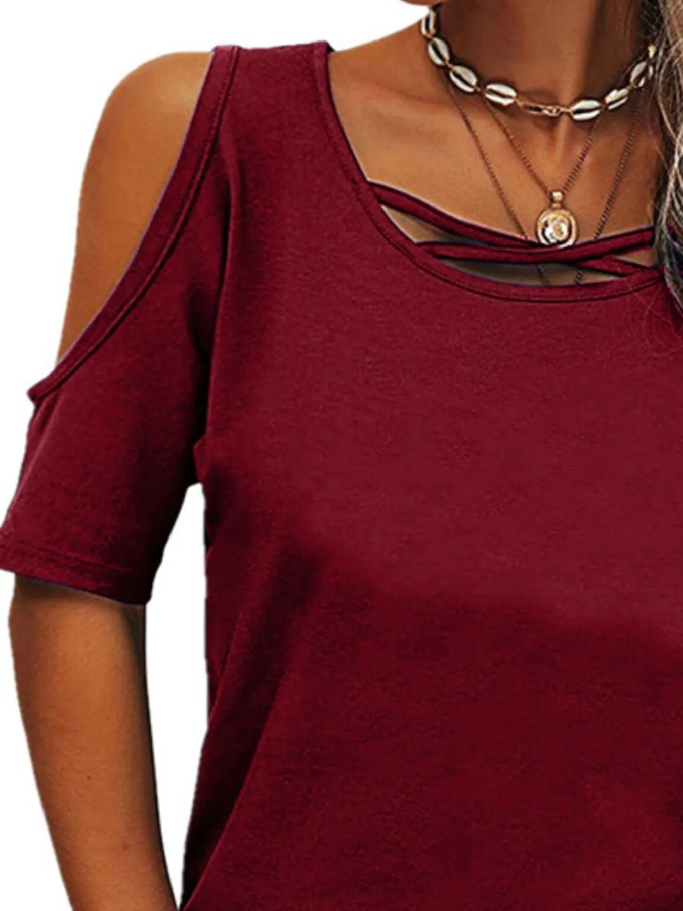 Full Size Crisscross Cold Shoulder Casual T-Shirt Plus Size