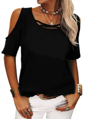 Full Size Crisscross Cold Shoulder Casual T-Shirt Plus Size Black / S