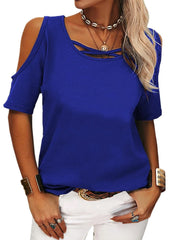 Full Size Crisscross Cold Shoulder Casual T-Shirt Plus Size Colored Blue / S