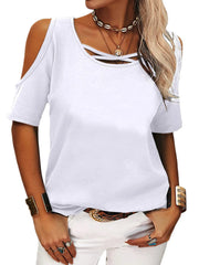 Full Size Crisscross Cold Shoulder Casual T-Shirt Plus Size White / S