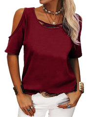 Full Size Crisscross Cold Shoulder Casual T-Shirt Plus Size Wine Red / S