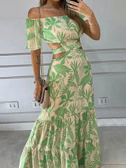 Full Size Cutout Off-Shoulder Printed Maxi Dress Plus Size Green / S