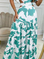 Full Size Cutout Off-Shoulder Printed Maxi Dress Plus Size Turquoise / S