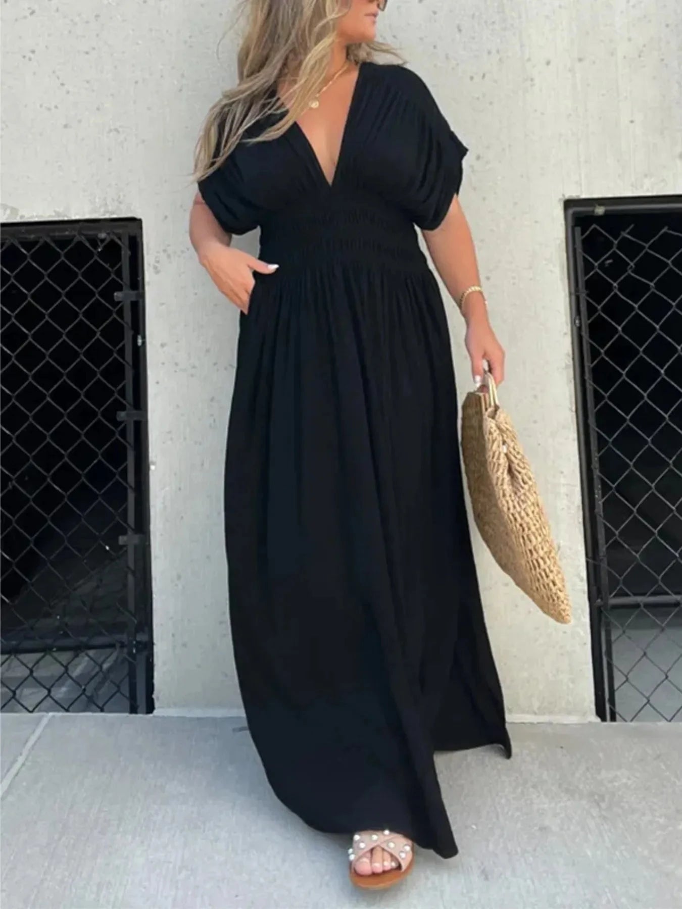 Full Size Deep V-Neck Maxi Dress with Side Slit Plus Size