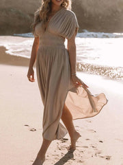 Full Size Deep V-Neck Maxi Dress with Side Slit Plus Size Apricot / S