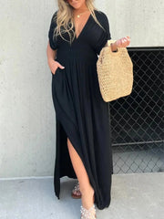 Full Size Deep V-Neck Maxi Dress with Side Slit Plus Size Black / S