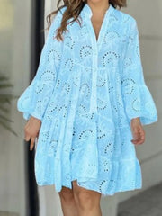 Full Size Eyelet Ruffled Hem Tiered Dress Plus Size Blue / S