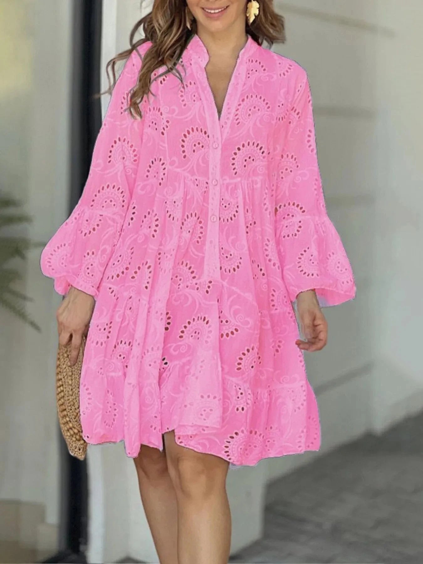 Full Size Eyelet Ruffled Hem Tiered Dress Plus Size Pink / S