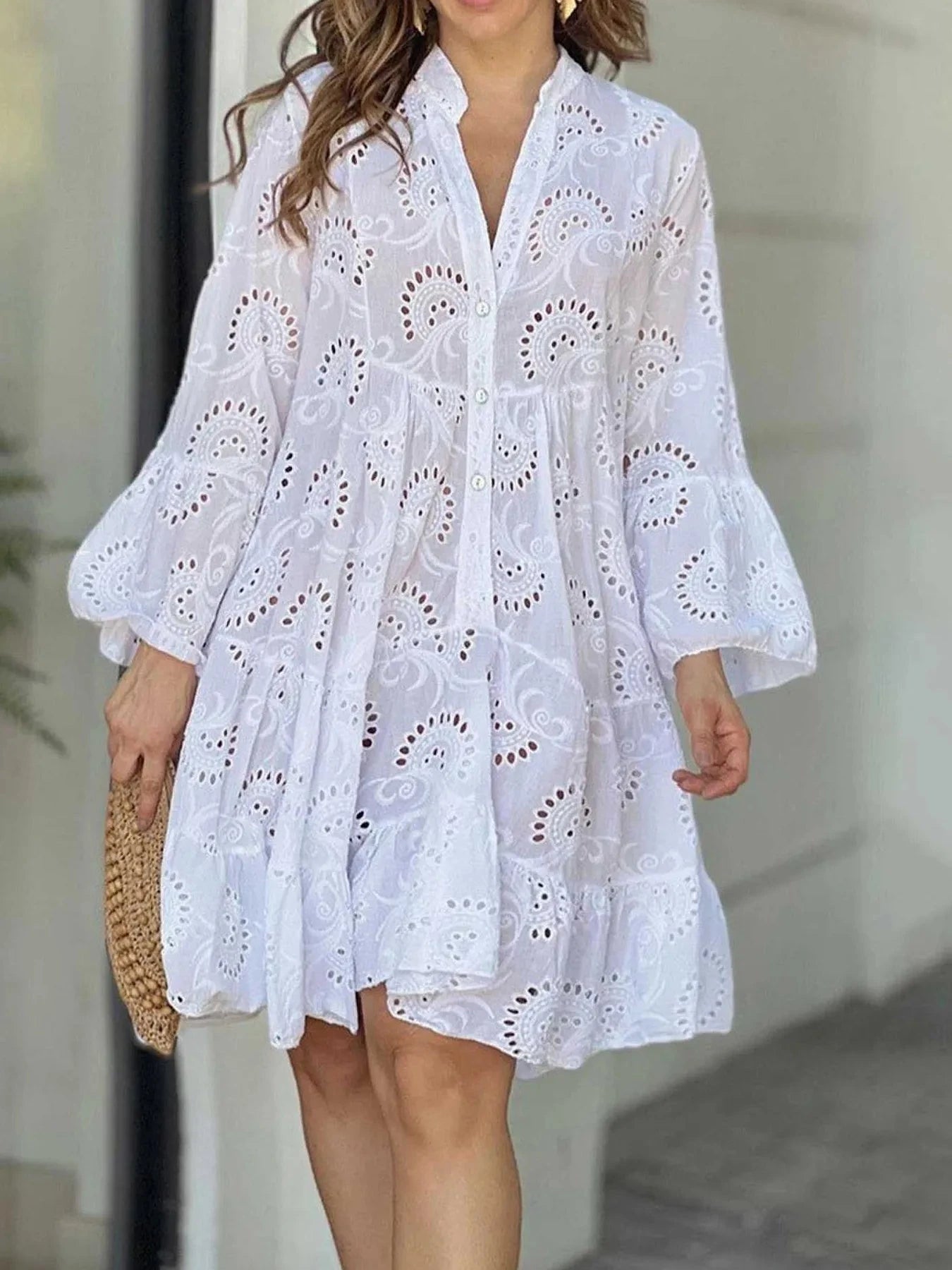 Full Size Eyelet Ruffled Hem Tiered Dress Plus Size White / S
