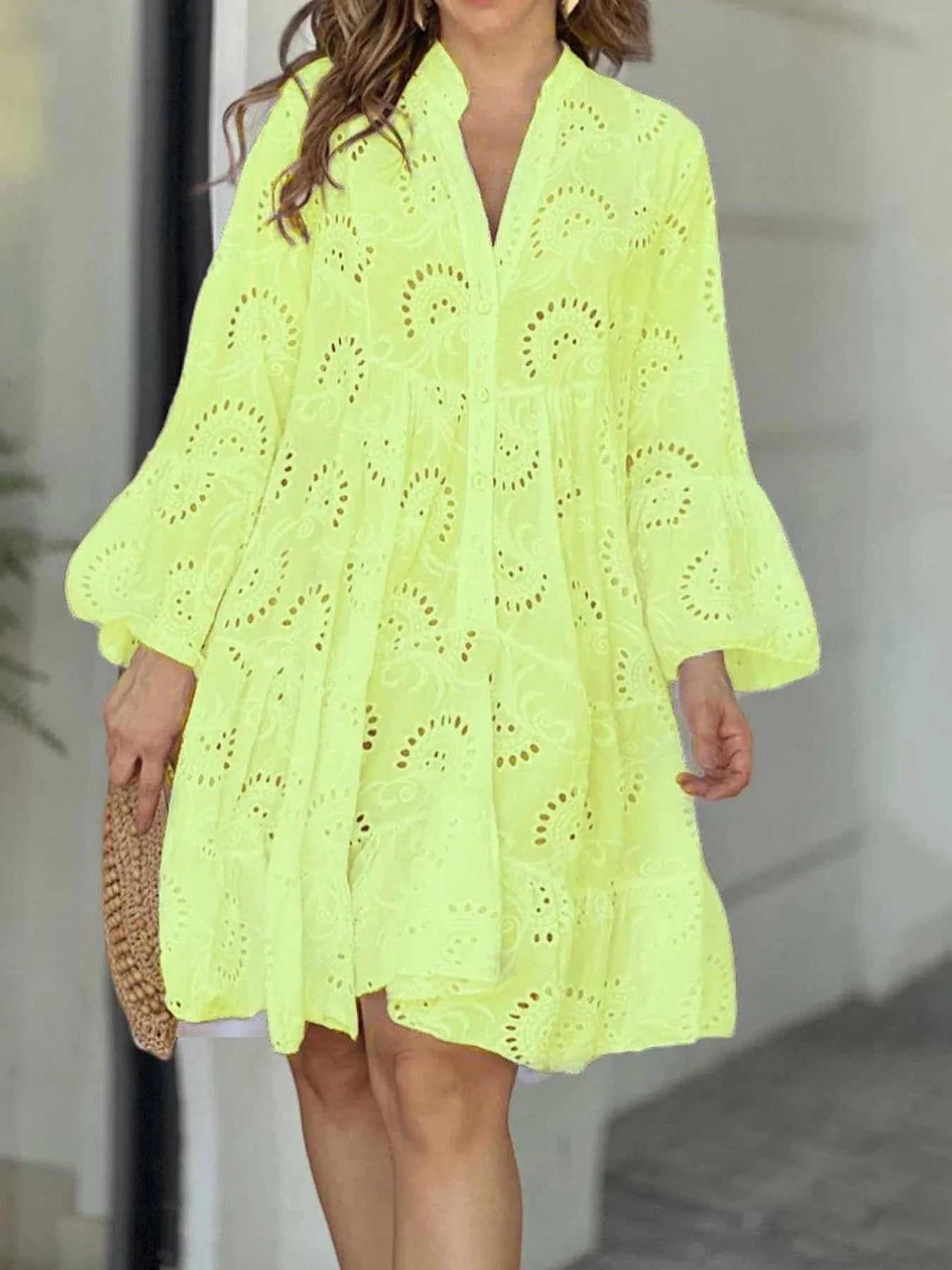 Full Size Eyelet Ruffled Hem Tiered Dress Plus Size Yellow / S