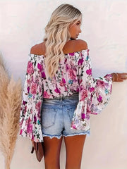 Full Size Floral Off-Shoulder Bell Sleeve Blouse Plus Size