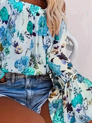 Full Size Floral Off-Shoulder Bell Sleeve Blouse Plus Size