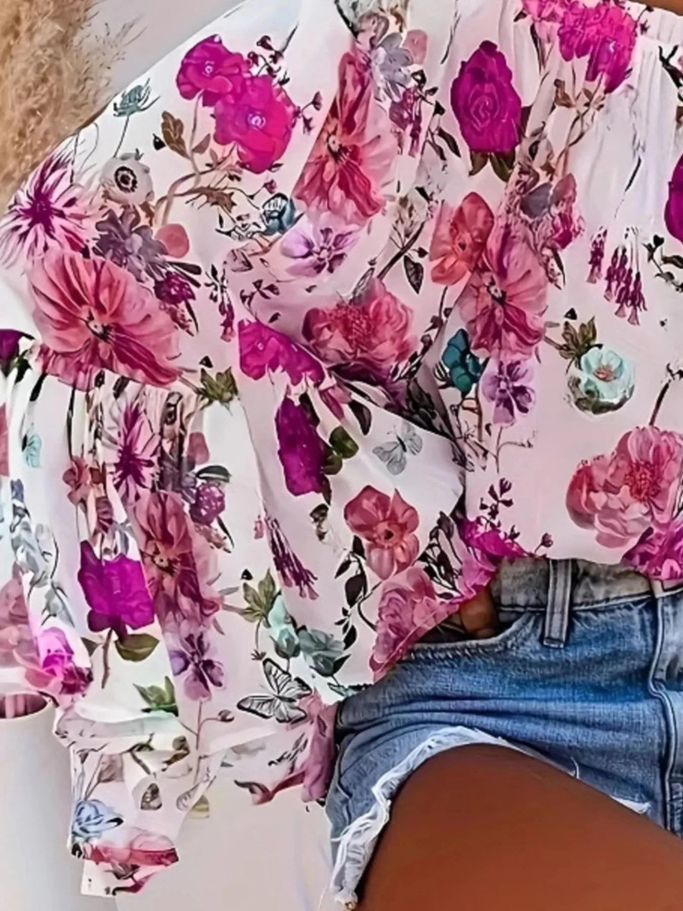 Full Size Floral Off-Shoulder Bell Sleeve Blouse Plus Size