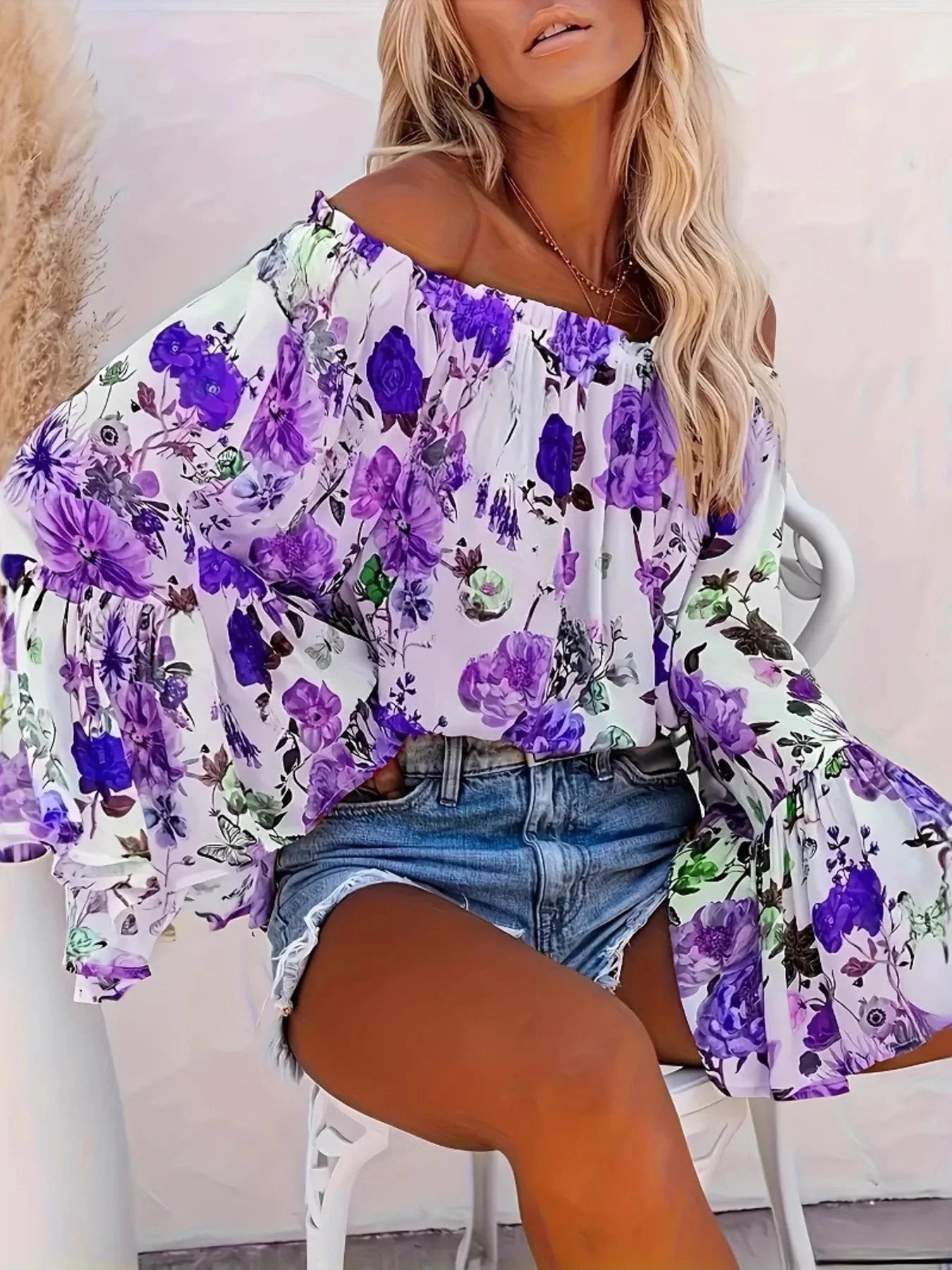 Full Size Floral Off-Shoulder Bell Sleeve Blouse Plus Size Purple / S