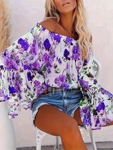 Full Size Floral Off-Shoulder Bell Sleeve Blouse Plus Size Purple / S