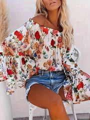 Full Size Floral Off-Shoulder Bell Sleeve Blouse Plus Size Red / S