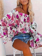 Full Size Floral Off-Shoulder Bell Sleeve Blouse Plus Size Rose Red / S