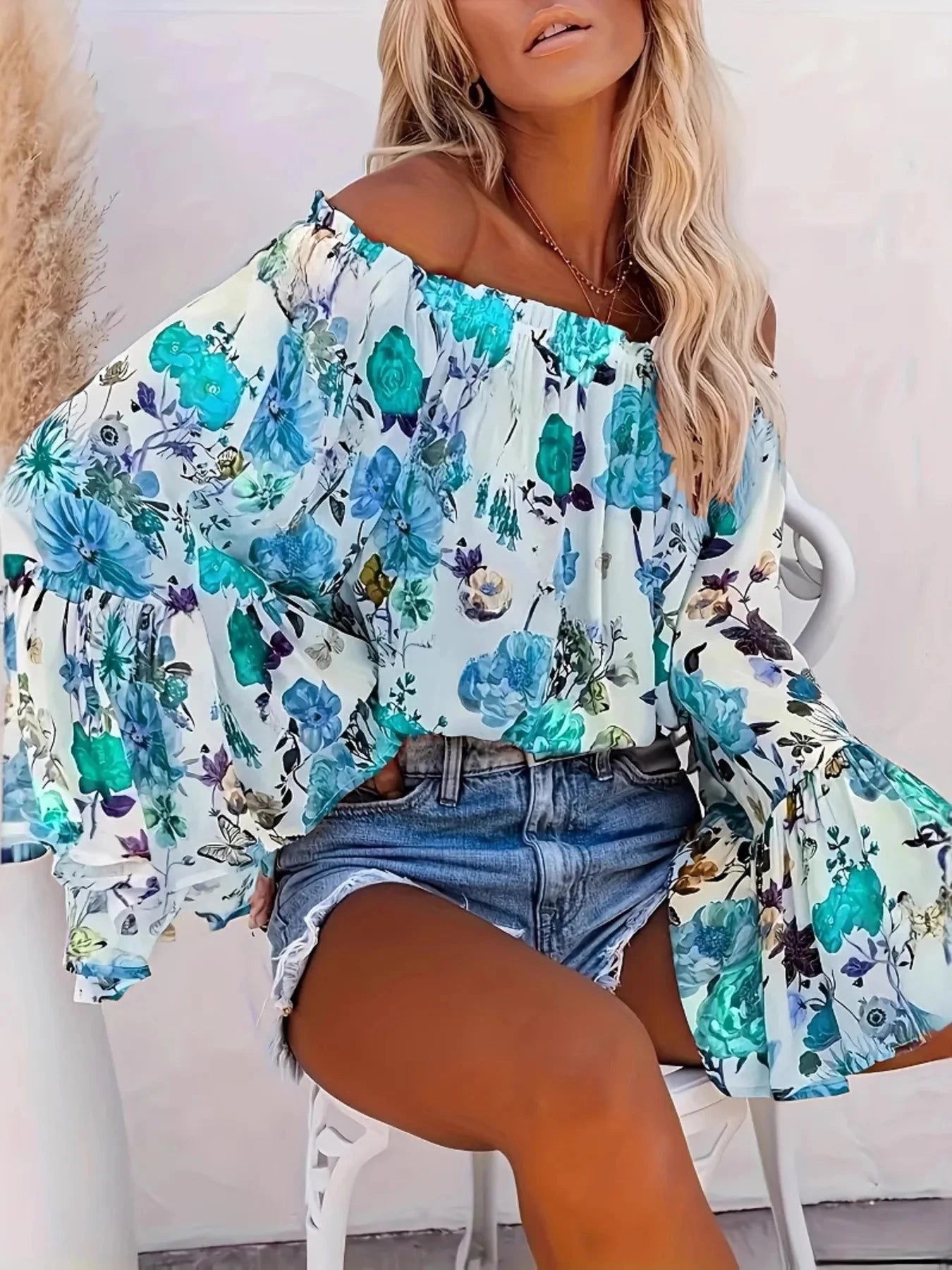 Full Size Floral Off-Shoulder Bell Sleeve Blouse Plus Size Sky Blue / S