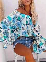Full Size Floral Off-Shoulder Bell Sleeve Blouse Plus Size Sky Blue / S