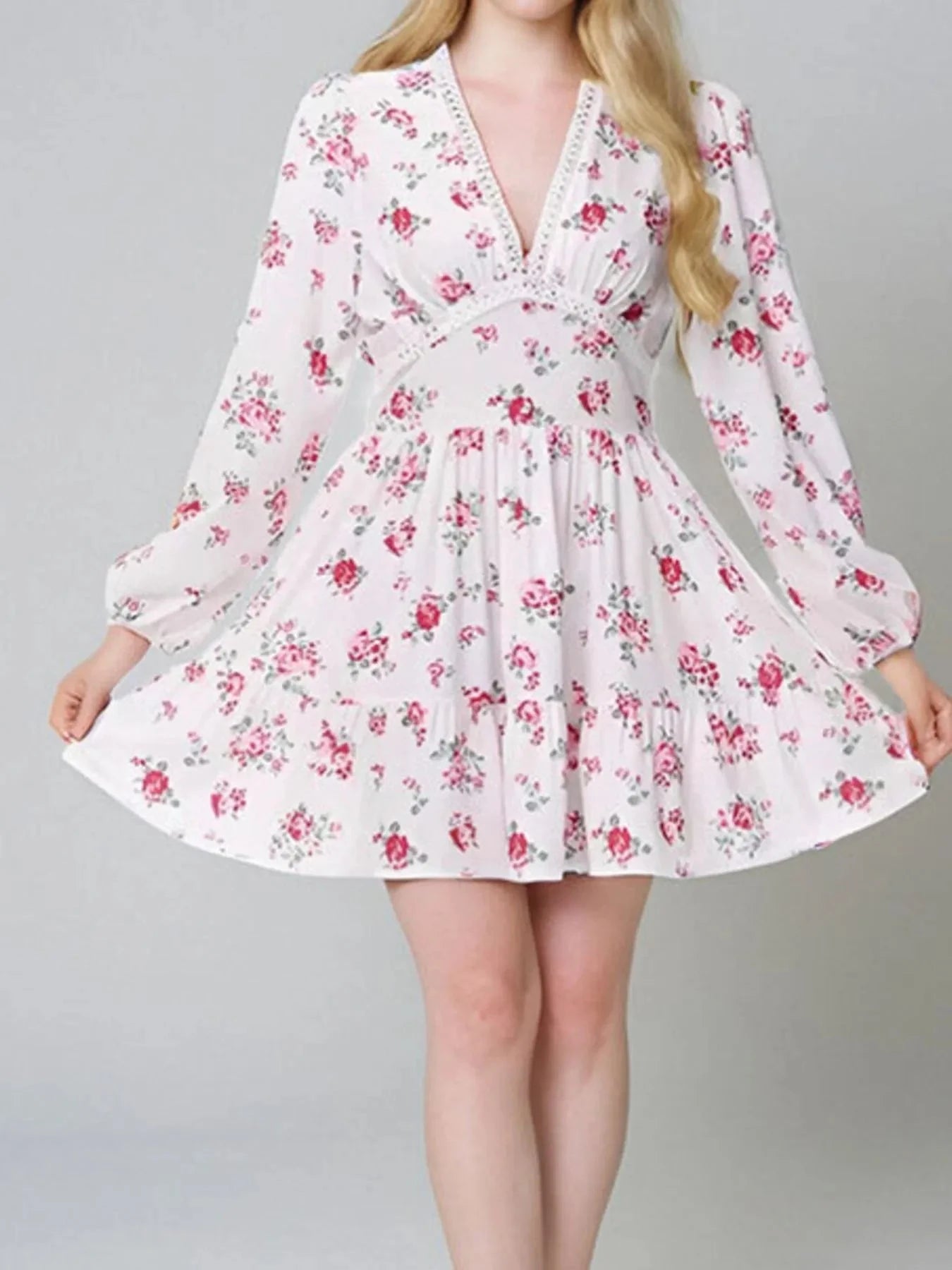 Full Size Floral V-Neck Long Sleeve Mini Dress Plus Size