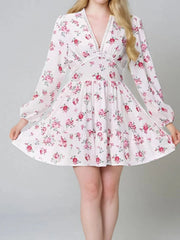 Full Size Floral V-Neck Long Sleeve Mini Dress Plus Size