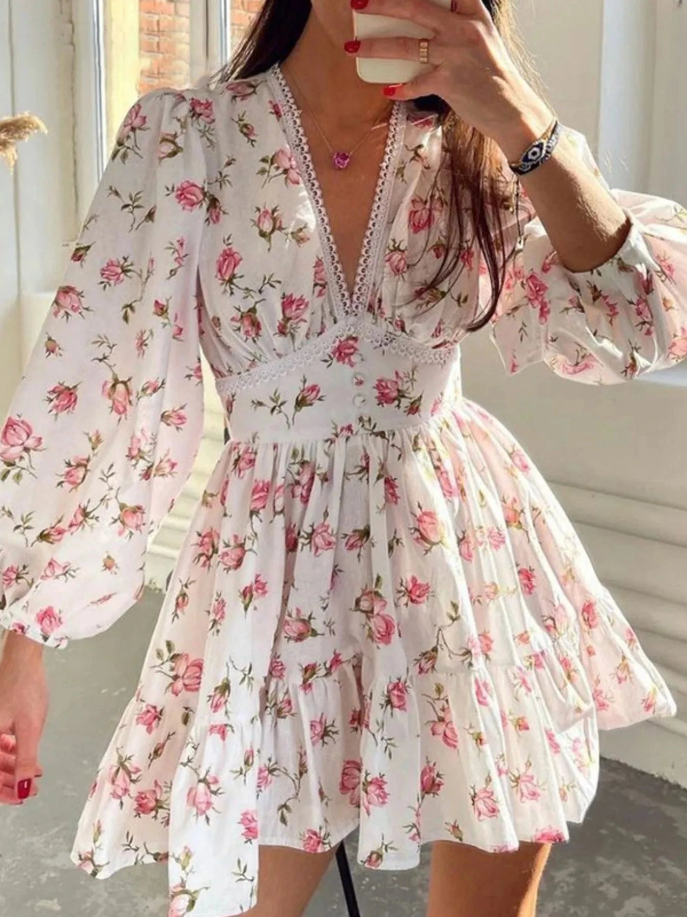 Full Size Floral V-Neck Long Sleeve Mini Dress Plus Size White / S