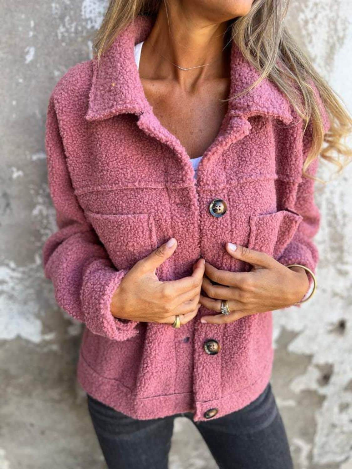 Full Size Fuzzy Button Up Drop Shoulder Jacket Dusty Pink / S