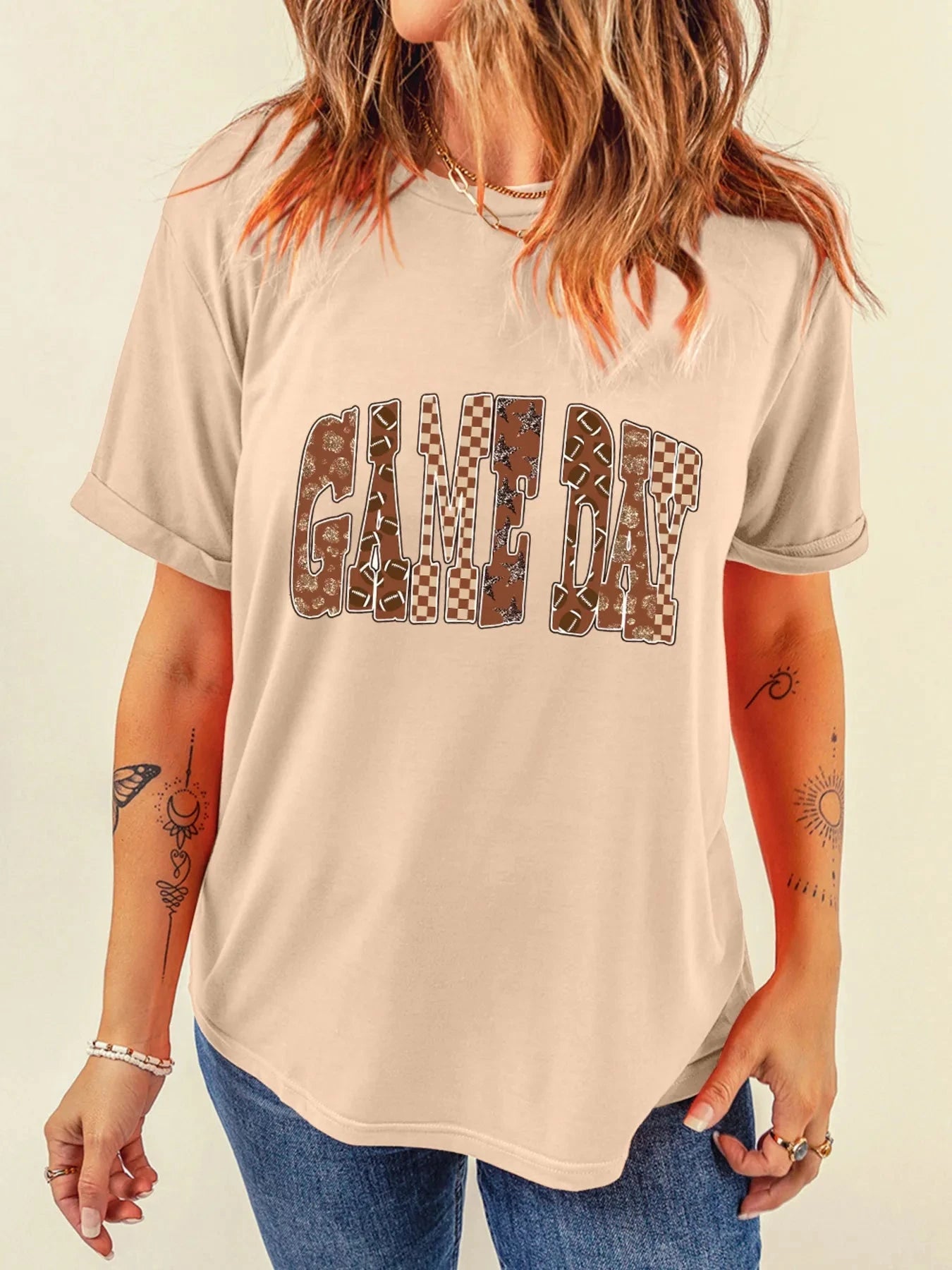 Full Size GAME DAY Checkered Letter Graphic T Shirt Plus Size Tan / S