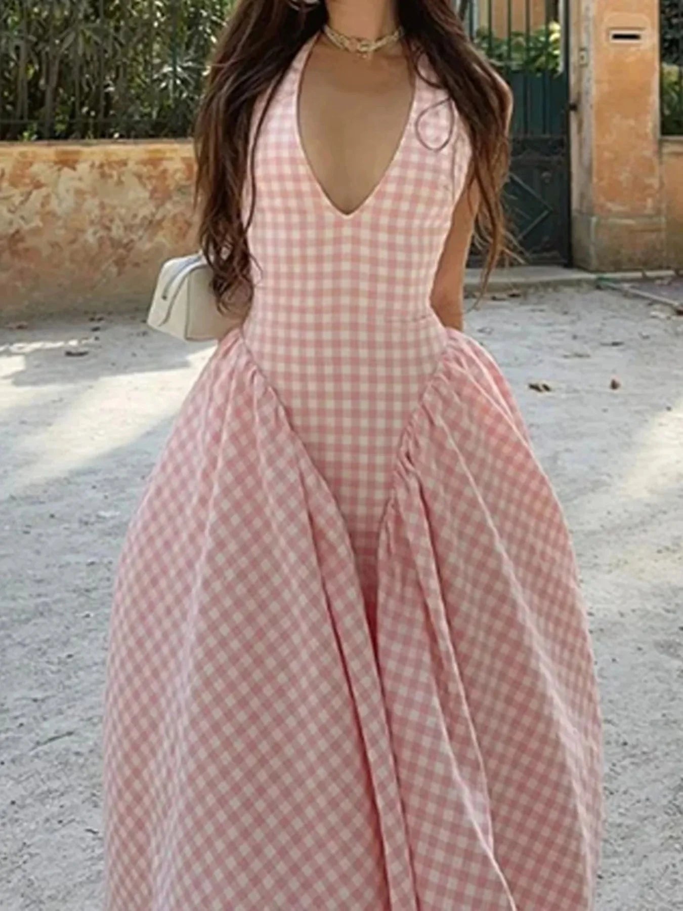 Full Size Gingham Halter Neck Maxi Dress Plus Size