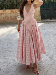 Full Size Gingham Halter Neck Maxi Dress Plus Size Blush Pink / S