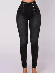 Full Size High-Waisted Double-Breasted Skinny Jeans Plus Size Black / S