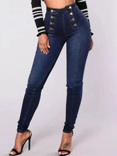Full Size High-Waisted Double-Breasted Skinny Jeans Plus Size Dark Blue / S