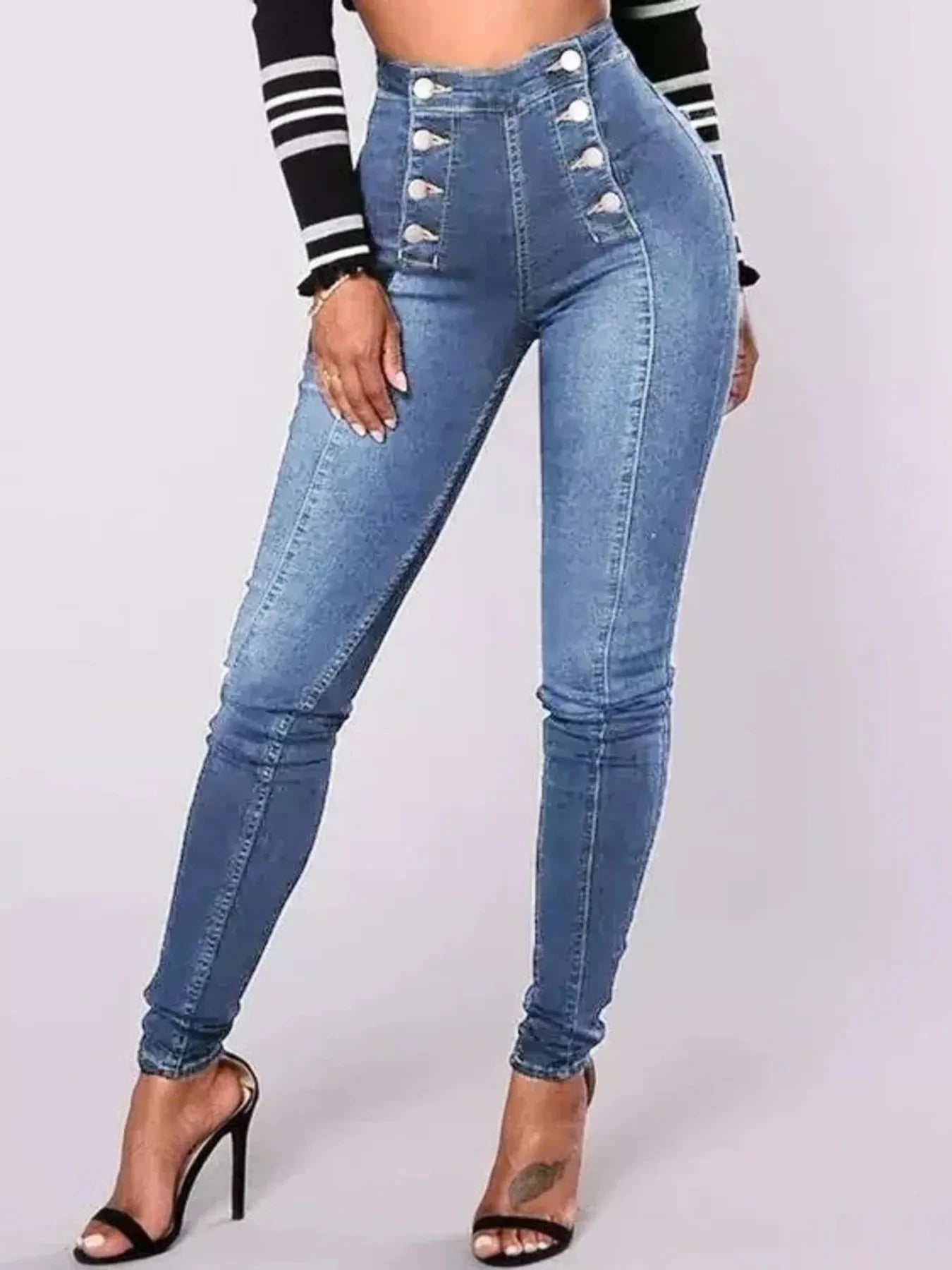 Full Size High-Waisted Double-Breasted Skinny Jeans Plus Size Light Blue / S