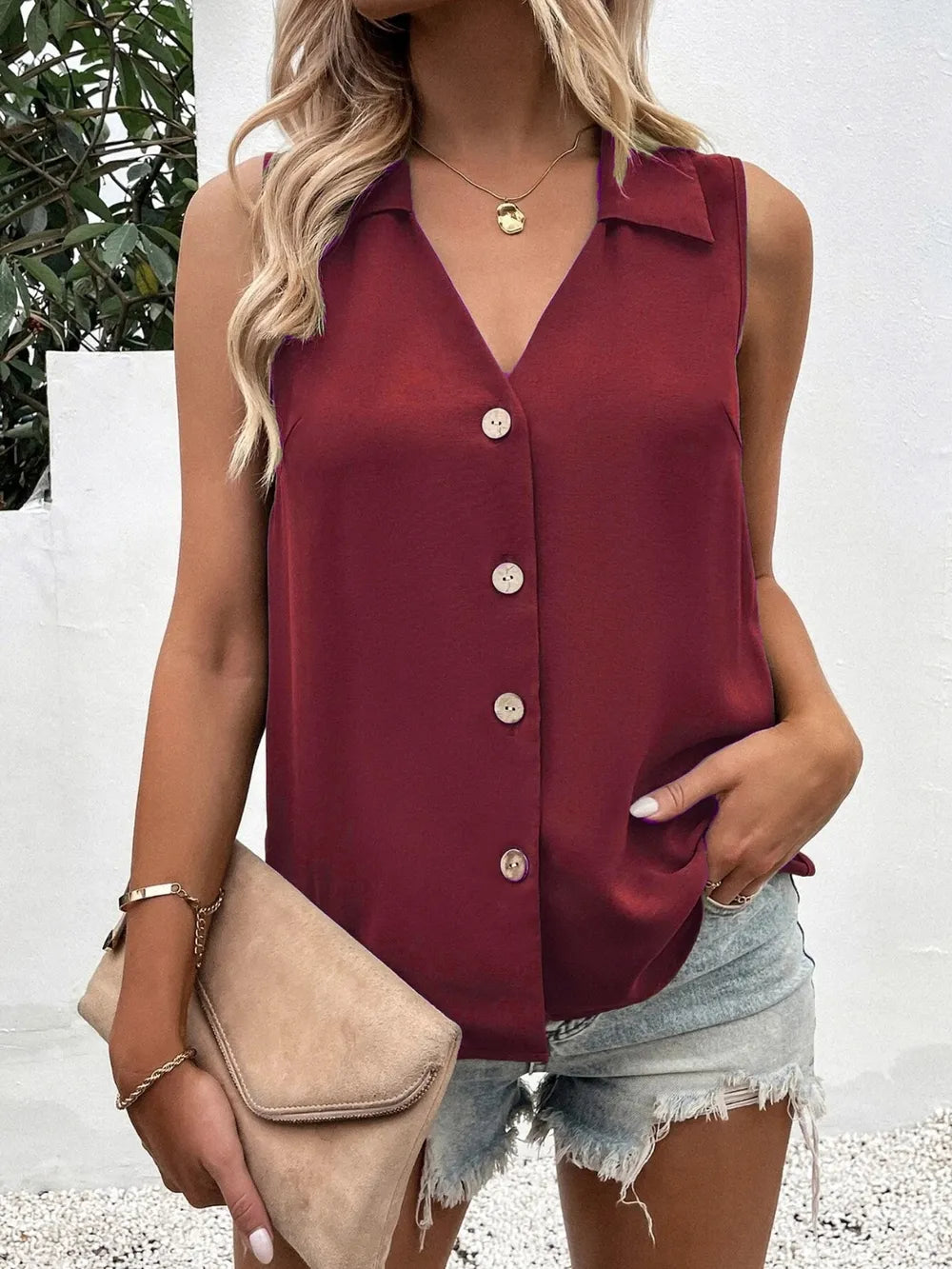 Full Size Johnny Collar Button Down Tank Plus Size