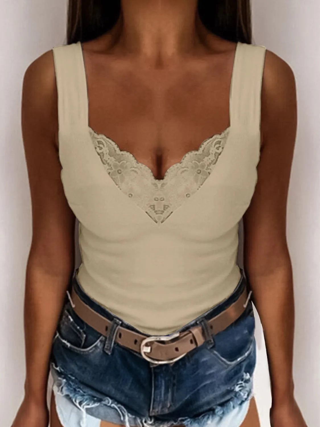 Full Size Lace Detail V-Neck Tank Plus Size Khaki / XS/S