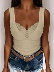 Full Size Lace Detail V-Neck Tank Plus Size Khaki / XS/S