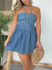 Full Size Lace Up Halter Neck Denim Dress Plus Size