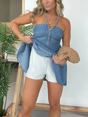 Full Size Lace Up Halter Neck Denim Dress Plus Size