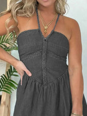 Full Size Lace Up Halter Neck Denim Dress Plus Size