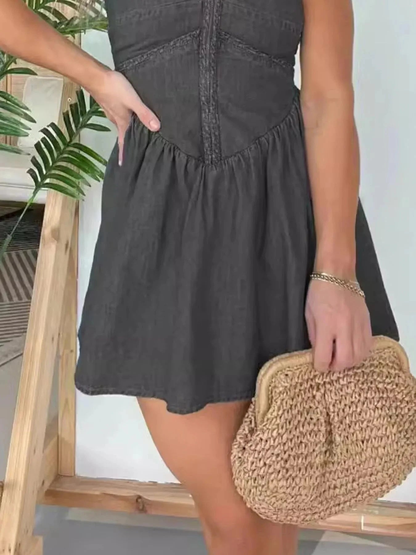 Full Size Lace Up Halter Neck Denim Dress Plus Size