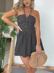 Full Size Lace Up Halter Neck Denim Dress Plus Size Black / S