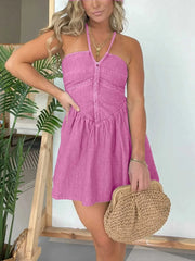 Full Size Lace Up Halter Neck Denim Dress Plus Size Rose Red / S