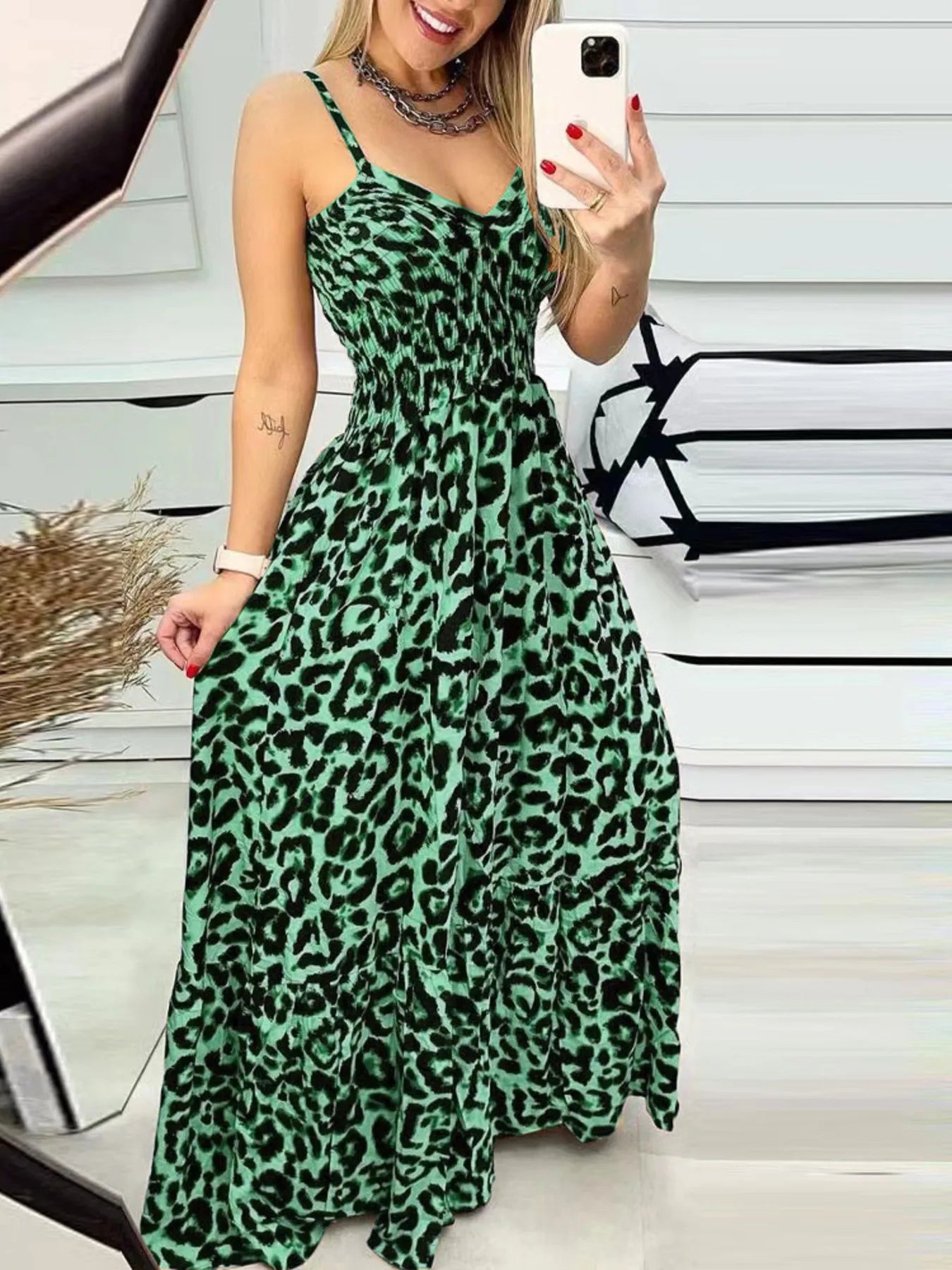 Full Size Leopard Print Spaghetti Strap Maxi Dress Plus Size Green / S