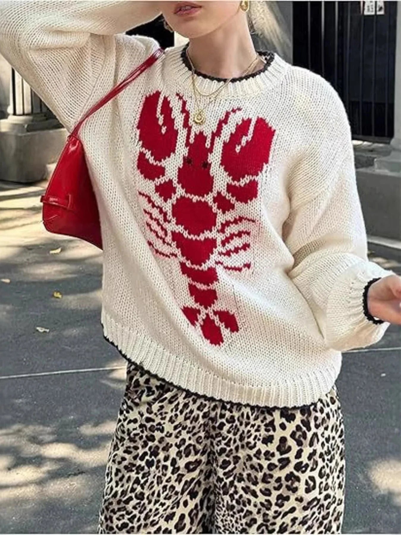 Full Size Lobster Contrast Trim Round Neck Sweater Plus Size
