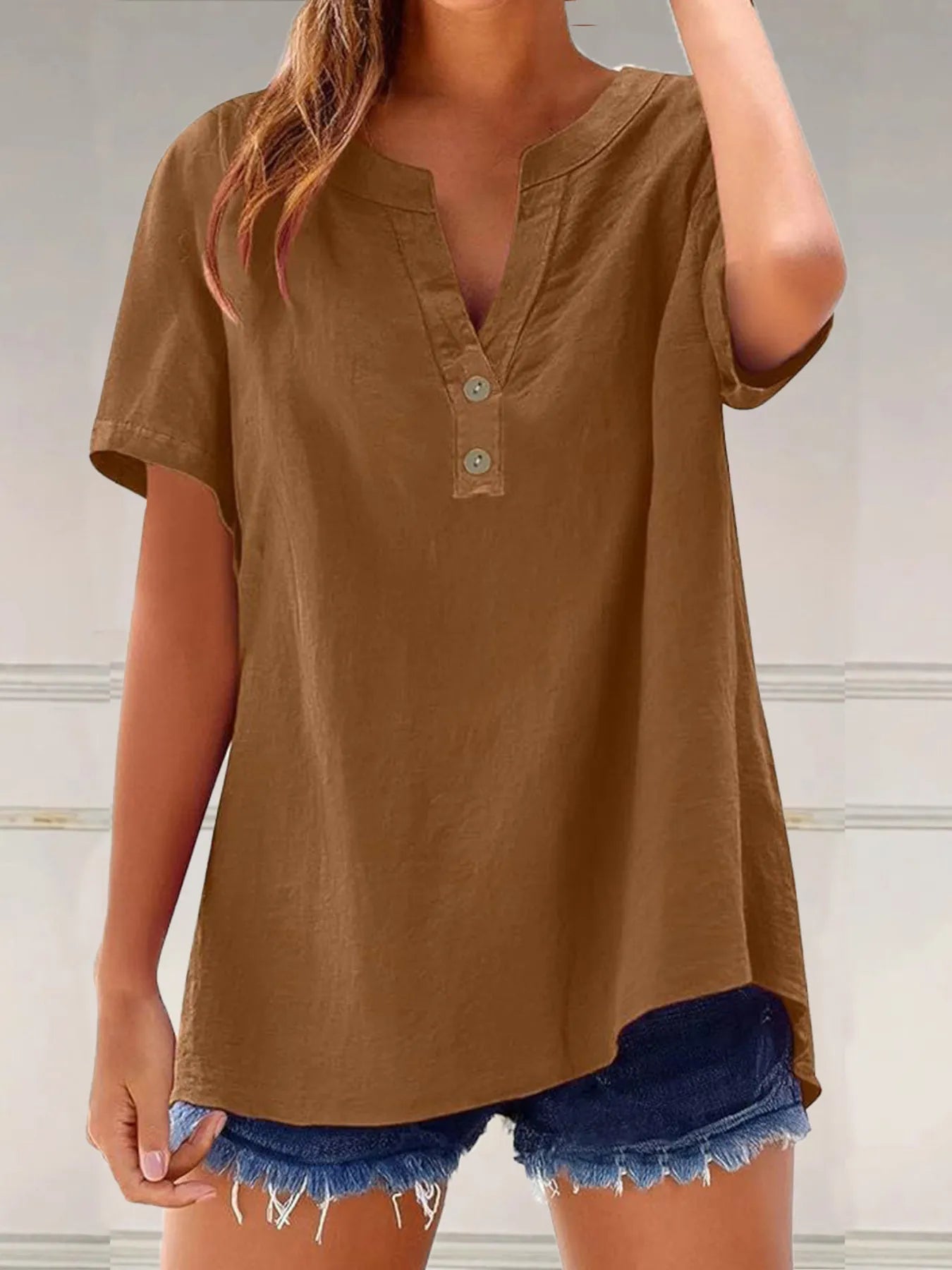 Full Size Notched Short Sleeve Blouse Plus Size Brown / S