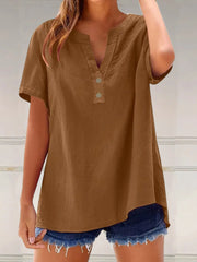Full Size Notched Short Sleeve Blouse Plus Size Brown / S